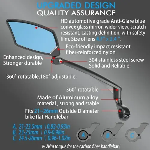 BriskMore Handlebar Bike Mirror, Scratch Resistant Glass Lens, Ajustable and Rotatable Safe Rearview Bicycle Mirror - 3