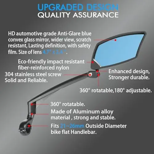 BriskMore Handlebar Bike Mirror, Scratch Resistant Glass Lens, Ajustable and Rotatable Safe Rearview Bicycle Mirror - 2