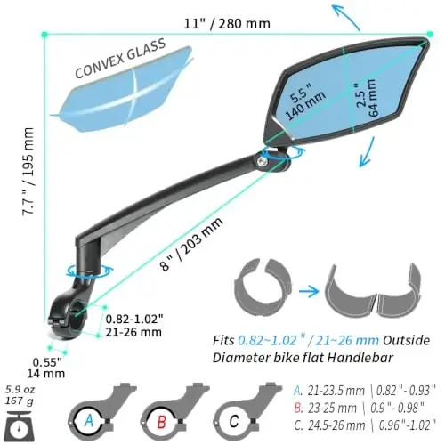 BriskMore Handlebar Bike Mirror, Scratch Resistant Glass Lens, Ajustable and Rotatable Safe Rearview Bicycle Mirror 