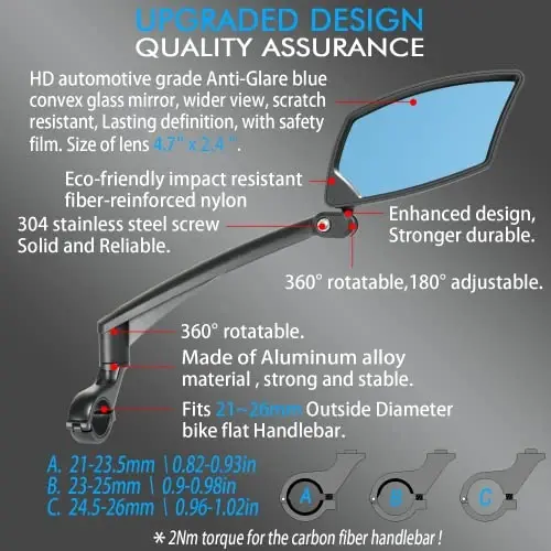 BriskMore Handlebar Bike Mirror, Scratch Resistant Glass Lens, Ajustable and Rotatable Safe Rearview Bicycle Mirror - 3