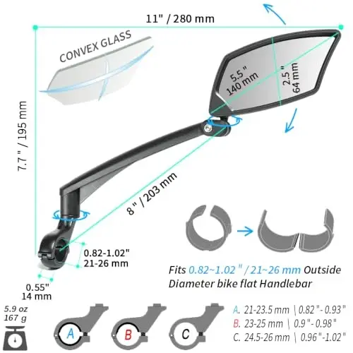 BriskMore Handlebar Bike Mirror, Scratch Resistant Glass Lens, Ajustable and Rotatable Safe Rearview Bicycle Mirror - 3