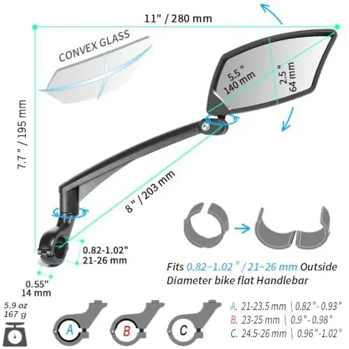 BriskMore Handlebar Bike Mirror, Scratch Resistant Glass Lens, Ajustable and Rotatable Safe Rearview Bicycle Mirror - 5