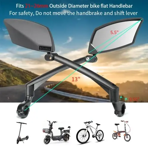 BriskMore Handlebar Bike Mirror, Scratch Resistant Glass Lens, Ajustable and Rotatable Safe Rearview Bicycle Mirror - 2