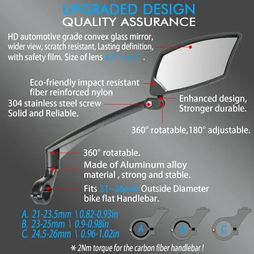 BriskMore Handlebar Bike Mirror, Scratch Resistant Glass Lens, Ajustable and Rotatable Safe Rearview Bicycle Mirror - 3