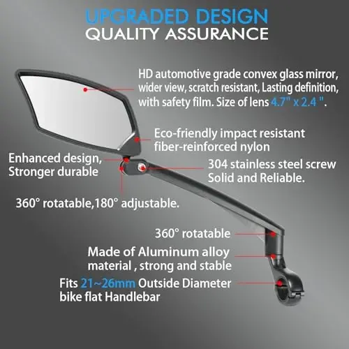 BriskMore Handlebar Bike Mirror, Scratch Resistant Glass Lens, Ajustable and Rotatable Safe Rearview Bicycle Mirror - 2