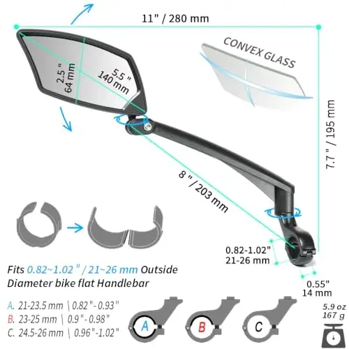 BriskMore Handlebar Bike Mirror, Scratch Resistant Glass Lens, Ajustable and Rotatable Safe Rearview Bicycle Mirror 