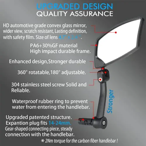 BriskMore Rul Uchli Velosiped Ko'zgushlari, E-Velosiped Rulchalari Uchun Yuqori Aniqlikdagi Konveks Shisha Linzalari, Chizishga Chidamli, Xavfsiz Orqa Ko'rinish Velosiped Ko'zgushi - 2