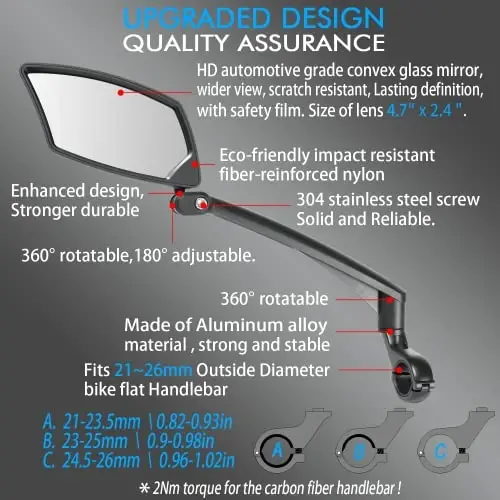 BriskMore Handlebar Bike Mirror, Scratch Resistant Glass Lens, Ajustable and Rotatable Safe Rearview Bicycle Mirror - 11