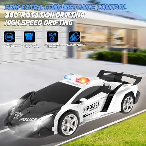 Britik Transform Remote Control Car - Rc Cars, One-Button Transforming, 360° Rotation Drifting, 2.4ghz 1: 18 Scale, Gift Kids Aged 4-6 Year Old Boys/Girls, Police Car Black 