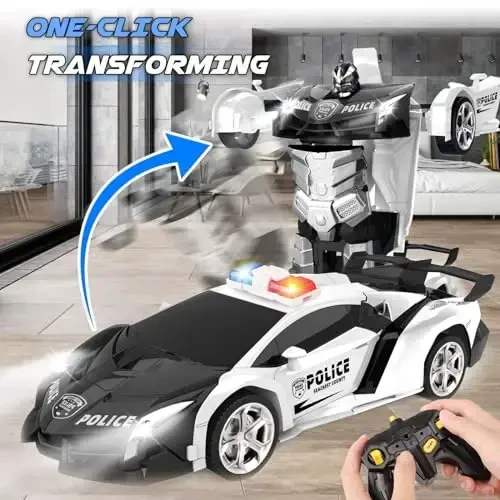 Britik Transform Remote Control Car - Rc Cars, One-Button Transforming, 360° Rotation Drifting, 2.4ghz 1: 18 Scale, Gift Kids Aged 4-6 Year Old Boys/Girls, Police Car Black - 3