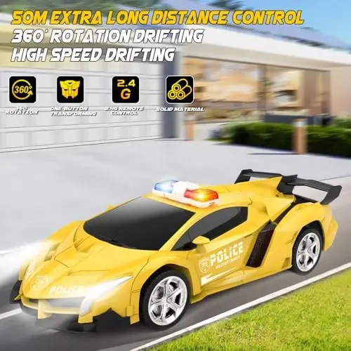 Britik Transform Remote Control Car - Rc Cars, One-Button Transforming, 360° Rotation Drifting, 2.4ghz 1: 18 Scale, Gift Kids Aged 4-6 Year Old Boys/Girls, Police Car Yellow 