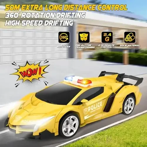 Britik Transform Remote Control Car - Rc Cars, One-Button Transforming, 360° Rotation Drifting, 2.4ghz 1: 18 Scale, Gift Kids Aged 4-6 Year Old Boys/Girls, Police Car Yellow - 6
