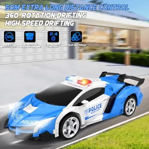 Britik Transform Remote Control Car - Rc Cars, One-Button Transforming, 360° Rotation Drifting, 2.4ghz 1: 18 Scale, Gift Kids Aged 4-6 Year Old Boys/Girls, Police Car Blue 