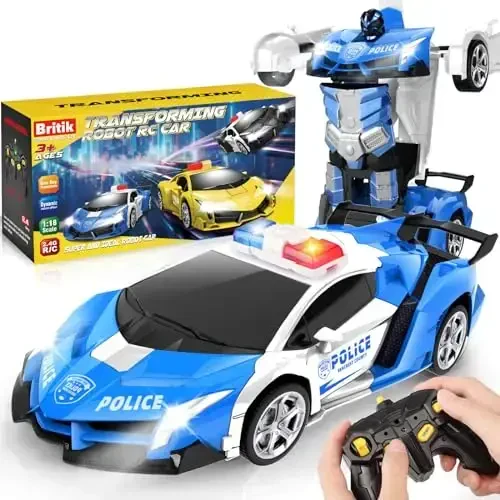 Britik Transform Remote Control Car - Rc Cars, One-Button Transforming, 360° Rotation Drifting, 2.4ghz 1: 18 Scale, Gift Kids Aged 4-6 Year Old Boys/Girls, Police Car Blue 