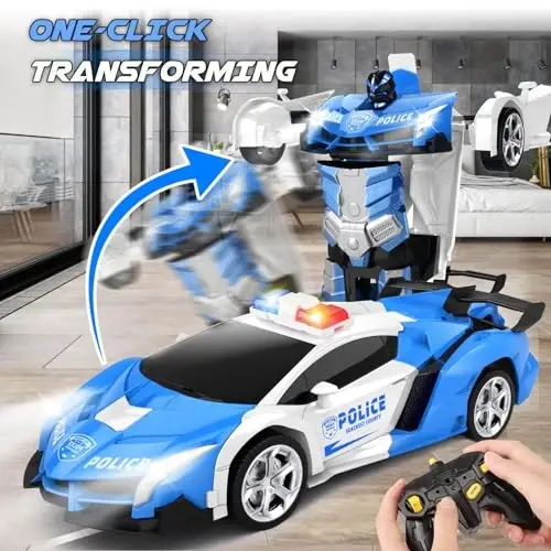 Britik Transform Remote Control Car - Rc Cars, One-Button Transforming, 360° Rotation Drifting, 2.4ghz 1: 18 Scale, Gift Kids Aged 4-6 Year Old Boys/Girls, Police Car Blue - 3