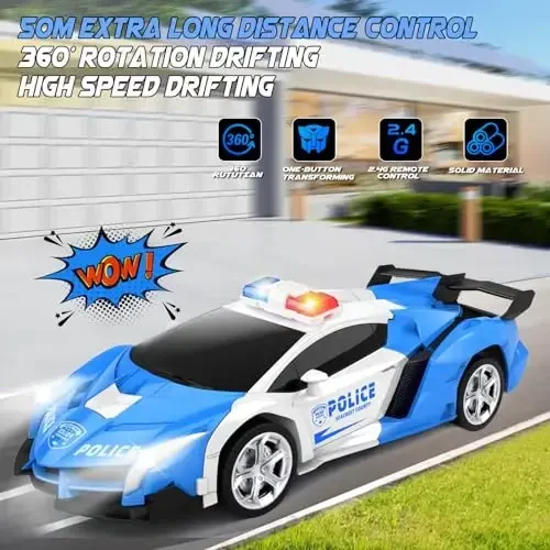 Britik Transform Masofadan Boshqariladigan Avtomobil - Rc Avtomobillar, Bir Tugmani Bosing Transformatsiya, 360° Aylanish Drifting, 2.4ghz 1: 18 Masshtab, 4-6 Yoshli O'g'il/Qiz Bolalar uchun Sovg'a, Politsiya Mashinasi Moviy - 6