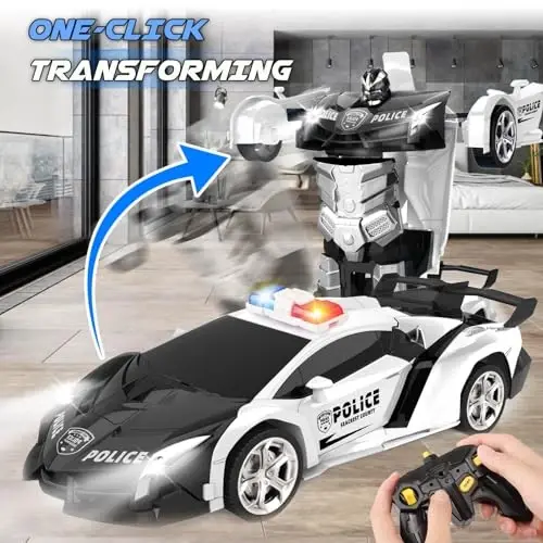 Britik Transform Remote Control Car - Rc Cars, One-Button Transforming, 360° Rotation Drifting, 2.4ghz 1: 18 Scale, Gift Kids Aged 4-6 Year Old Boys/Girls, Police Car Black - 3