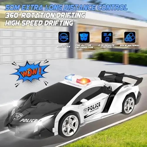 Britik Transform Remote Control Car - Rc Cars, One-Button Transforming, 360° Rotation Drifting, 2.4ghz 1: 18 Scale, Gift Kids Aged 4-6 Year Old Boys/Girls, Police Car Black - 6
