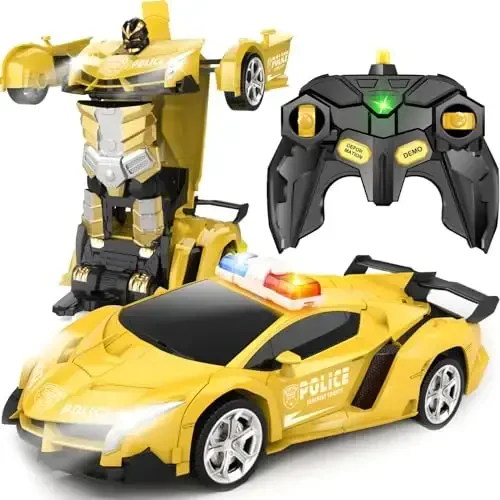Britik Transform Remote Control Car - Rc Cars, One-Button Transforming, 360° Rotation Drifting, 2.4ghz 1: 18 Scale, Gift Kids Aged 4-6 Year Old Boys/Girls, Police Car Yellow 
