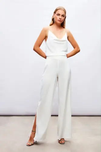 Брюки атласные с разрезами - ЭКРЮ-ЭКРЮ - SATEEN (1)