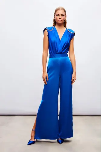 Брюки атласные с разрезами - САКС СИНИЙ-САКС СИНИЙ - SATEEN (1)