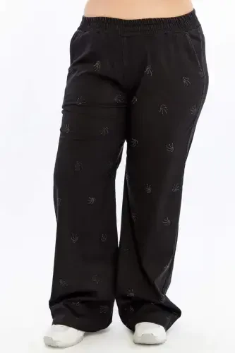 Брюки черные больших размеров с широкими штанинами и деталями из камней - 2