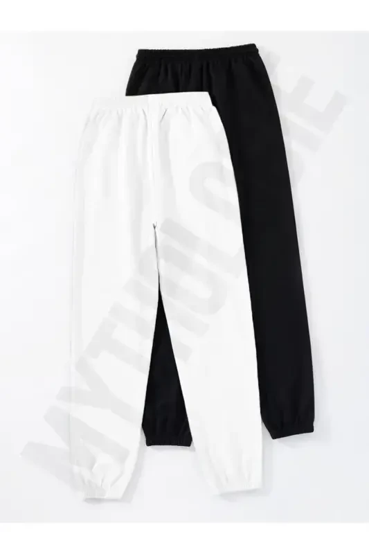 Брюки-джоггеры с 2 принтами - Черные и белые, резинка на штанинах, высокая талия, летние - Черно-белые - 2
