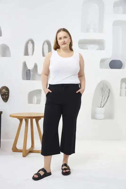 Брюки-капри широкие хлопковые больших размеров черные - 4