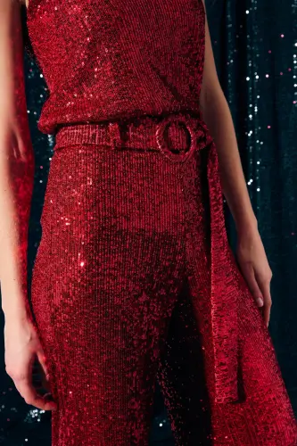 Брюки-пайетки с поясом - Красный-КРАСНЫЙ - 5