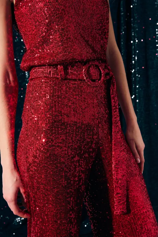 Брюки-пайетки с поясом - Красный-КРАСНЫЙ - 5