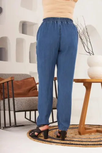 Брюки Plus Size синие с эластичной талией, с кулиской на поясе. - 5