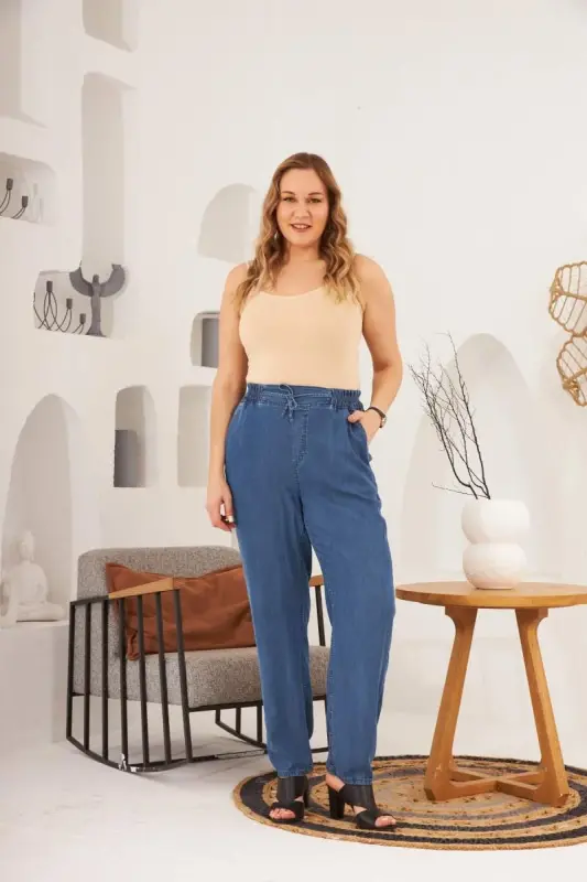 Брюки Plus Size синие с эластичной талией, с кулиской на поясе. - 6