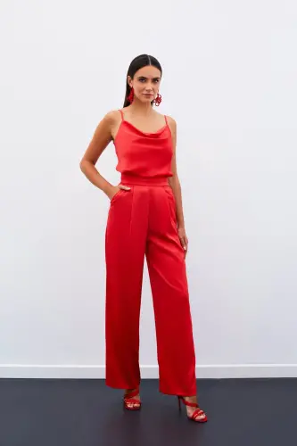 Брюки сатиновые свободные с карманами - КОРАЛЛОВЫЙ-КОРАЛЛОВЫЙ - SATEEN (1)