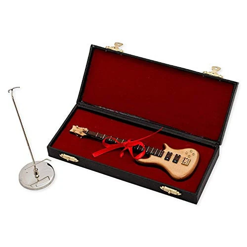 Broadway Gift Natural Wood Bass Electric Guitar with Case and Stand Replica Figurine 7 Inch - Broadway Gifts