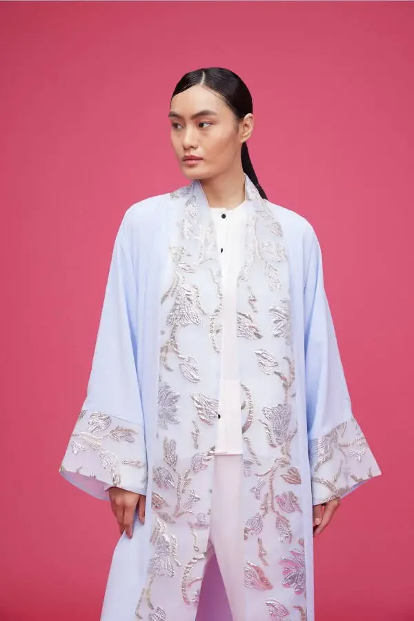 Brocade Embroidered Abaya Light Blue & Shawl - 2