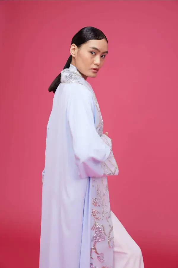 Brocade Embroidered Abaya Light Blue & Shawl - 10