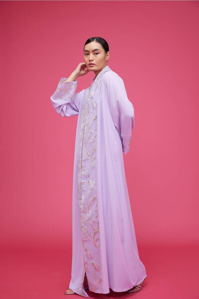 Brocade Embroidered Abaya Lilac & Shawl - 2