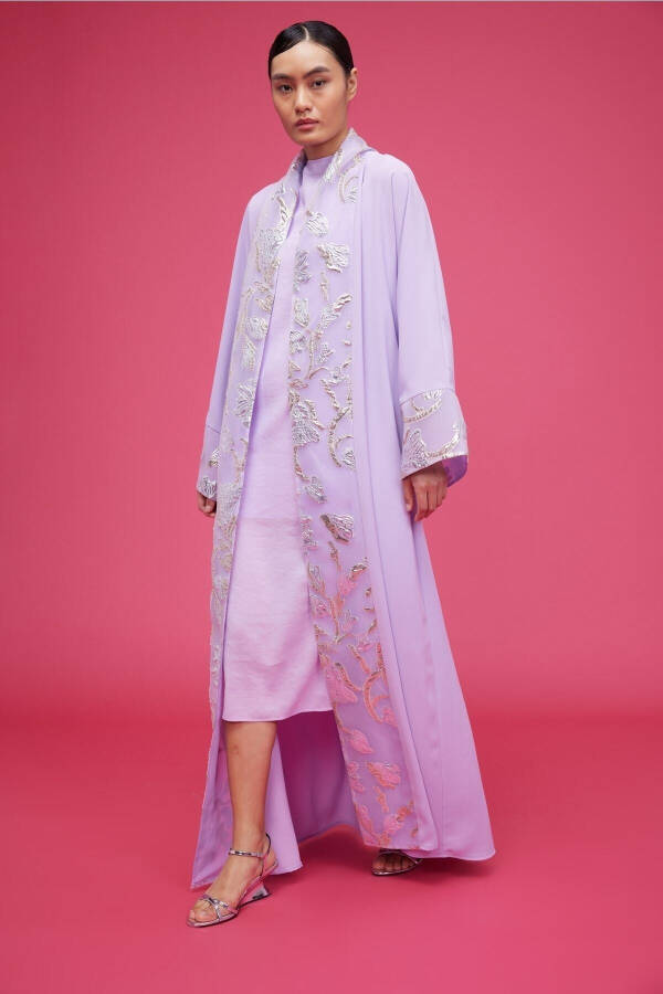 Brocade Embroidered Abaya Lilac & Shawl - 10