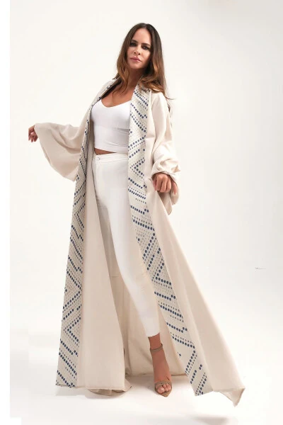 Brocade Embroidered Linen Kaftan Beige - MAREVER FASHION