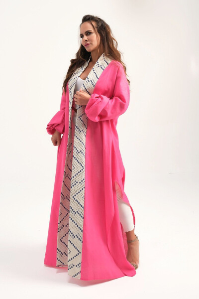 Brocade-Embroidered Linen Kaftan Fuchsia - 1