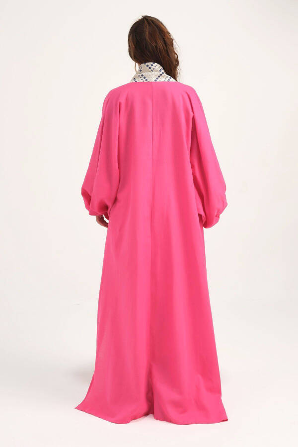 Brocade-Embroidered Linen Kaftan Fuchsia - 4