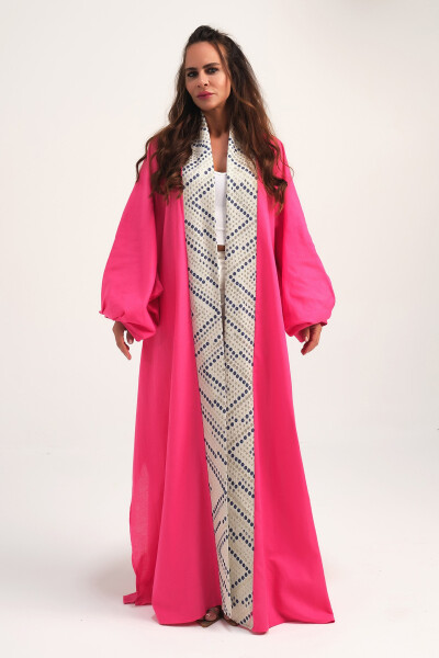 Brocade-Embroidered Linen Kaftan Fuchsia - 10