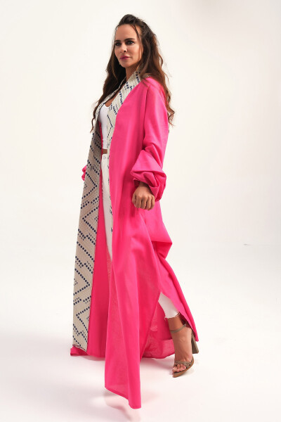 Brocade-Embroidered Linen Kaftan Fuchsia - 14