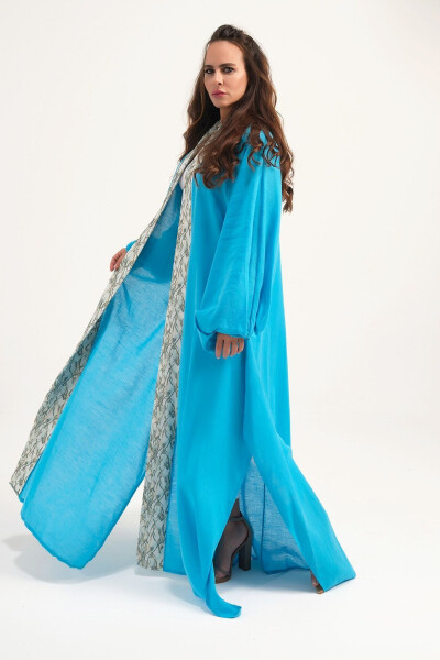 Brocade Embroidered Linen Kaftan Turquoise - MAREVER FASHION