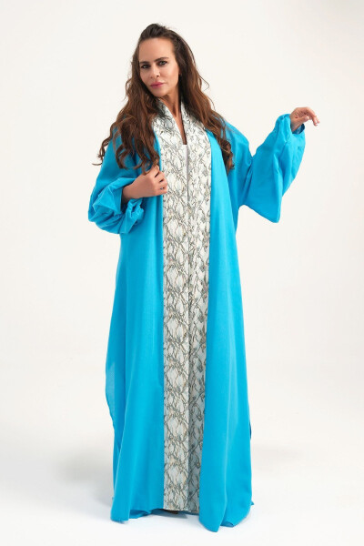 Brocade Embroidered Linen Kaftan Turquoise - MAREVER FASHION (1)