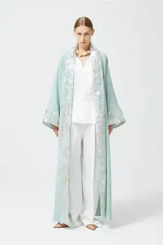 Brocade Garnished Abaya Mint Green & Shawl-Mint Green - NUUM DESIGN (1)