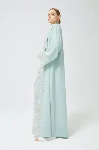 Brocade Garnished Abaya Mint Green & Shawl-Mint Green - 4