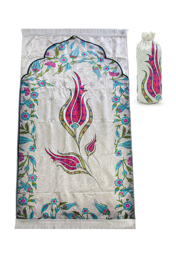 Brocade Textured Carry Bag Prayer Rug with Tulip Motif - Fuchsia - 1