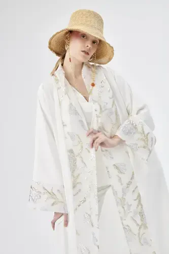 Brocard Trimmed Abaya White & Shawl-white - 1