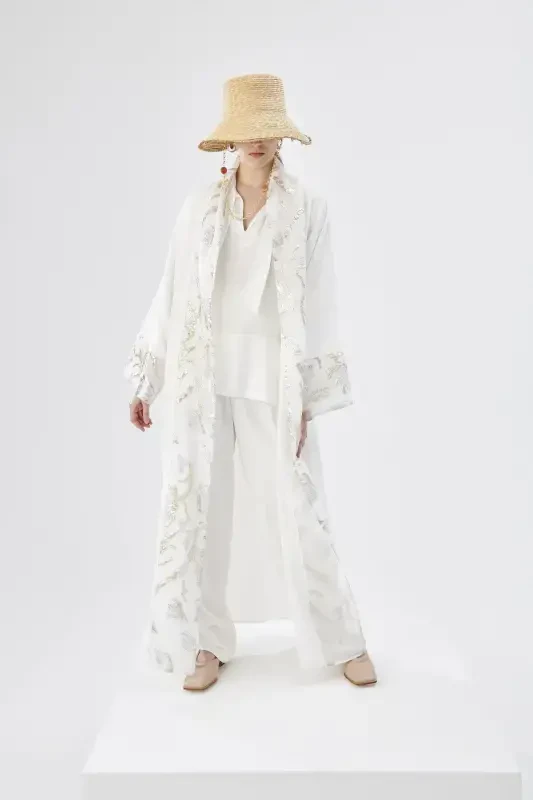 Brocard Trimmed Abaya White & Shawl-white - 2